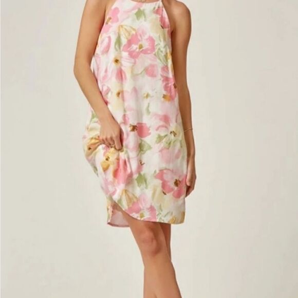 NWT Andree by Unit Floral Print A-Line Sleeveless Pink White Flowy Dress Size M - Picture 2 of 11